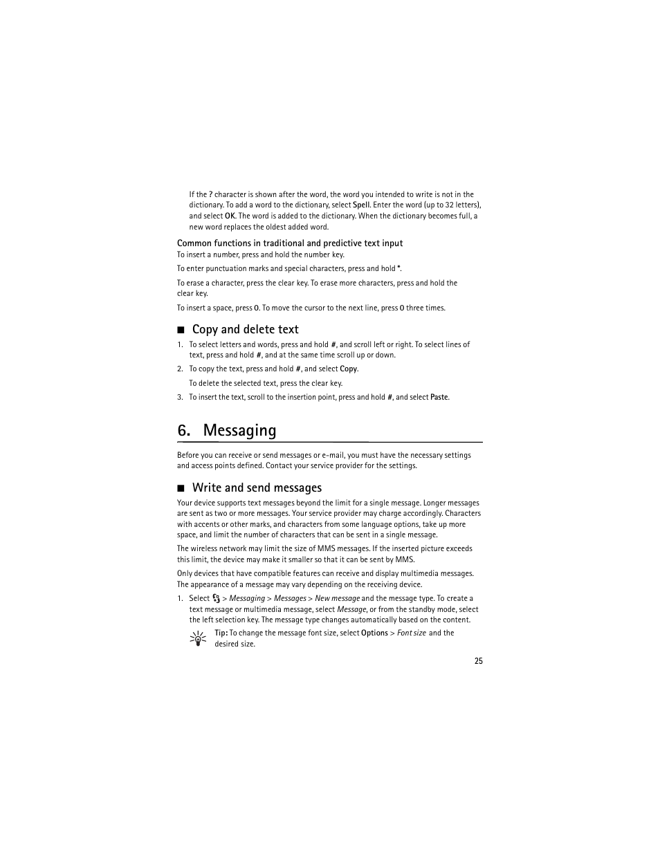 Copy and delete text, Messaging, Write and send messages | Nokia 6650 Fold User Manual | Page 26 / 65