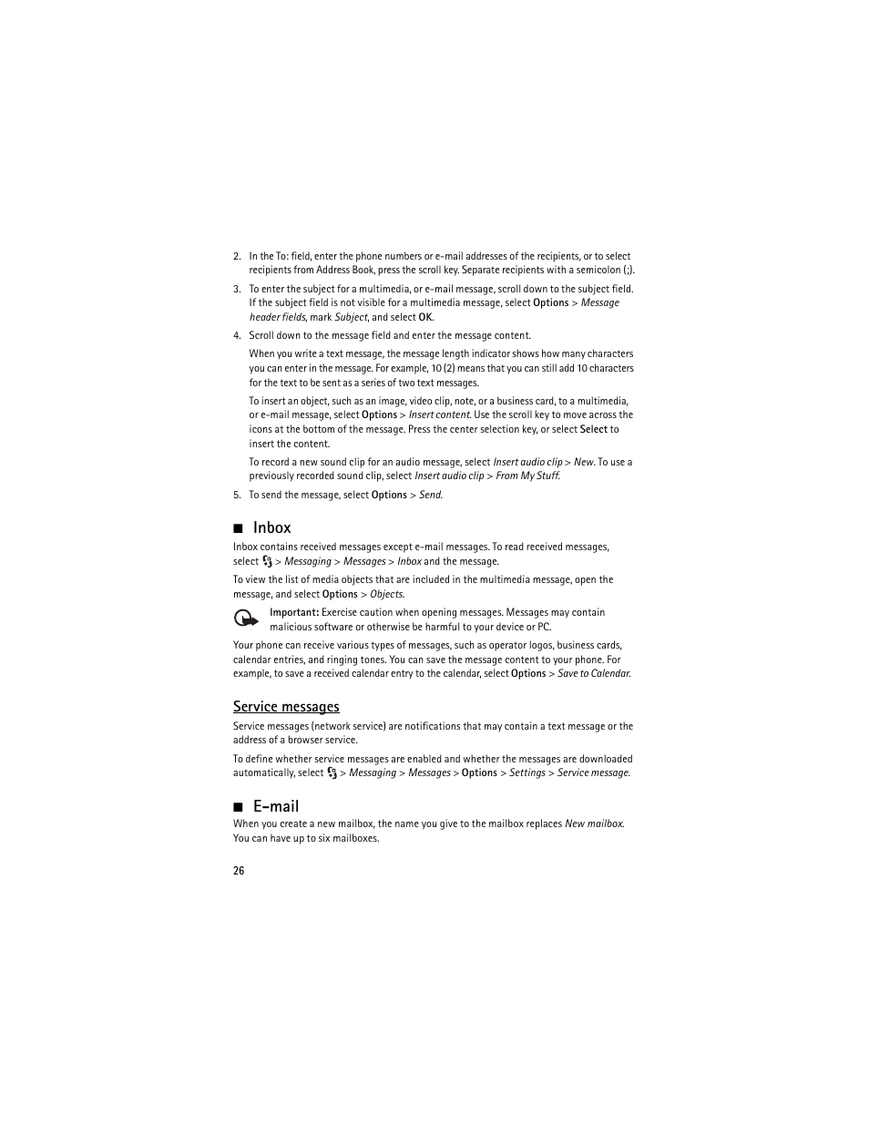Inbox, Email, E-mail | Service messages | Nokia 6650 Fold User Manual | Page 27 / 65