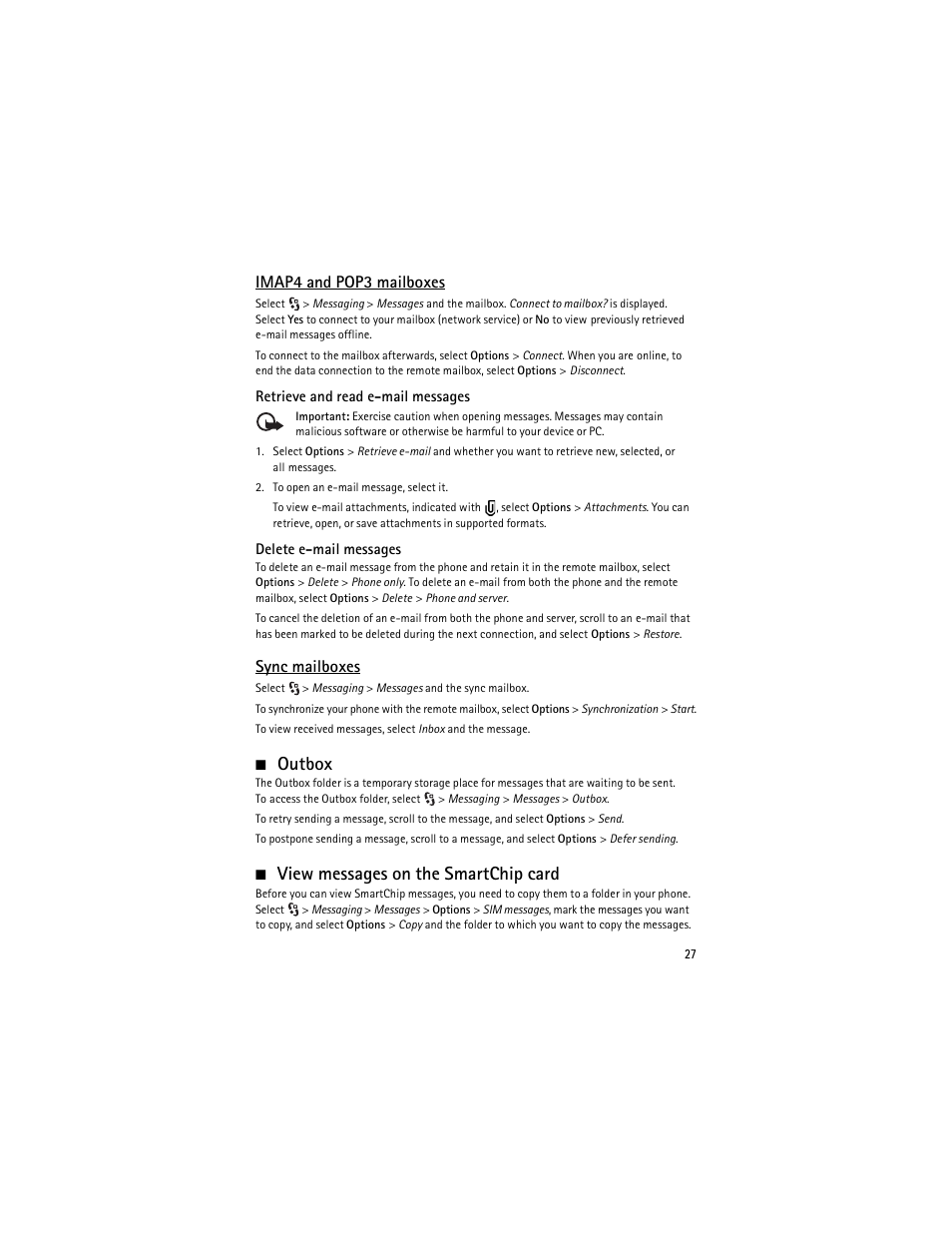 Outbox, View messages on the smartchip card, Outbox view messages on the smartchip card | Imap4 and pop3 mailboxes, Sync mailboxes | Nokia 6650 Fold User Manual | Page 28 / 65