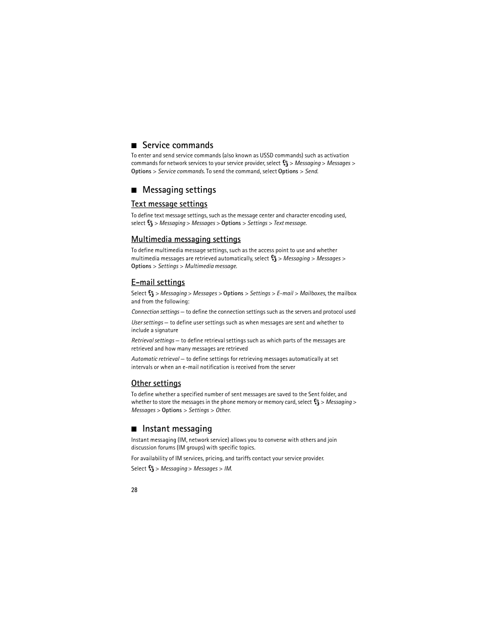 Service commands, Messaging settings, Instant messaging | Text message settings, Multimedia messaging settings, E-mail settings, Other settings | Nokia 6650 Fold User Manual | Page 29 / 65