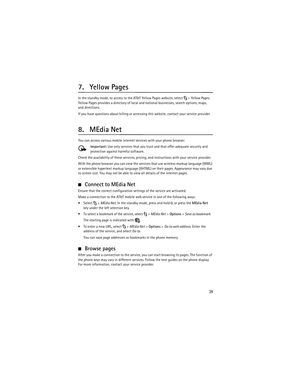 Media net, Connect to media net, Yellow pages | Browse pages | Nokia 6650 Fold User Manual | Page 30 / 65