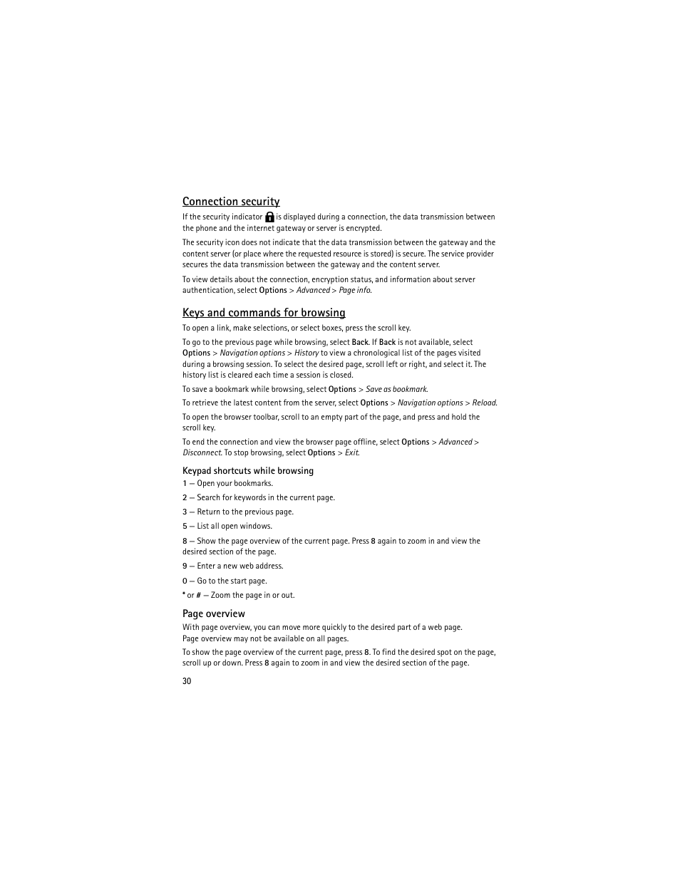Connection security, Keys and commands for browsing | Nokia 6650 Fold User Manual | Page 31 / 65