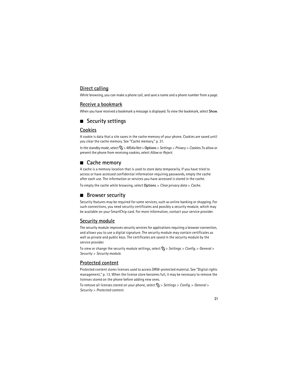 Security settings, Cache memory, Browser security | Security settings cache memory browser security | Nokia 6650 Fold User Manual | Page 32 / 65