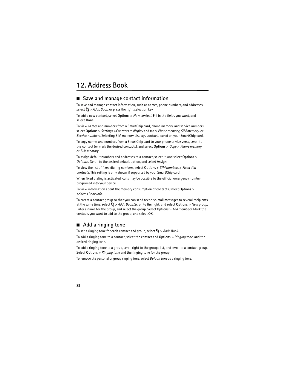 Address book, Save and manage contact information, Add a ringing tone | Nokia 6650 Fold User Manual | Page 39 / 65