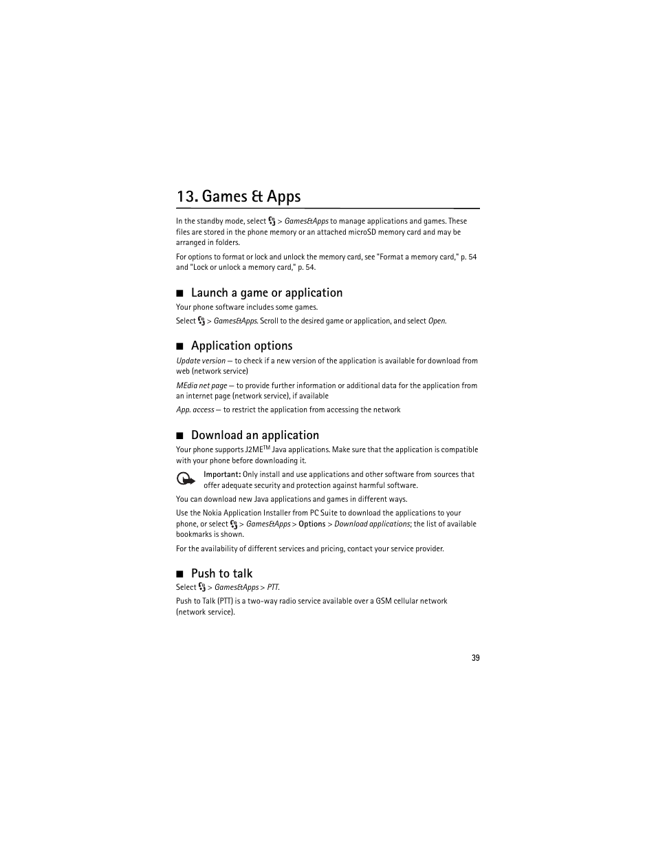 Games & apps, Launch a game or application, Application options | Download an application, Push to talk | Nokia 6650 Fold User Manual | Page 40 / 65