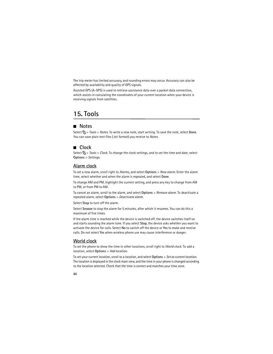 Tools, Notes, Clock | Notes clock | Nokia 6650 Fold User Manual | Page 45 / 65