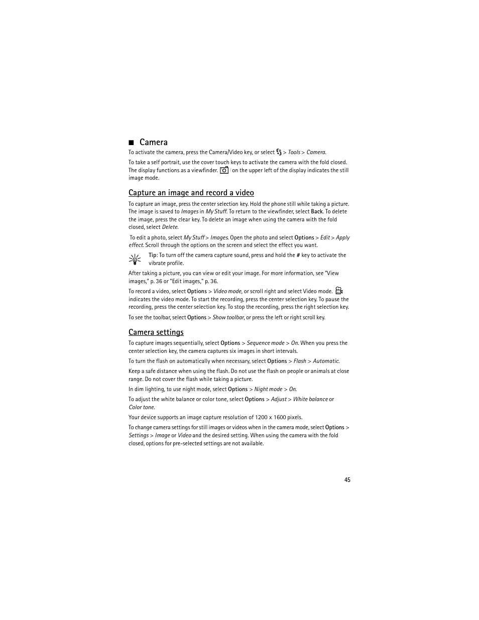 Camera, Capture an image and record a video, Camera settings | Nokia 6650 Fold User Manual | Page 46 / 65