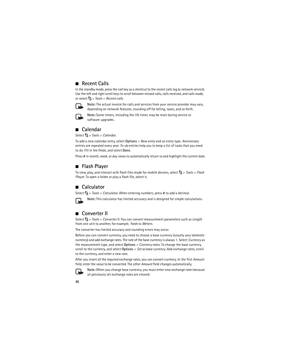 Recent calls, Calendar, Flash player | Calculator, Converter, Converter ii | Nokia 6650 Fold User Manual | Page 47 / 65