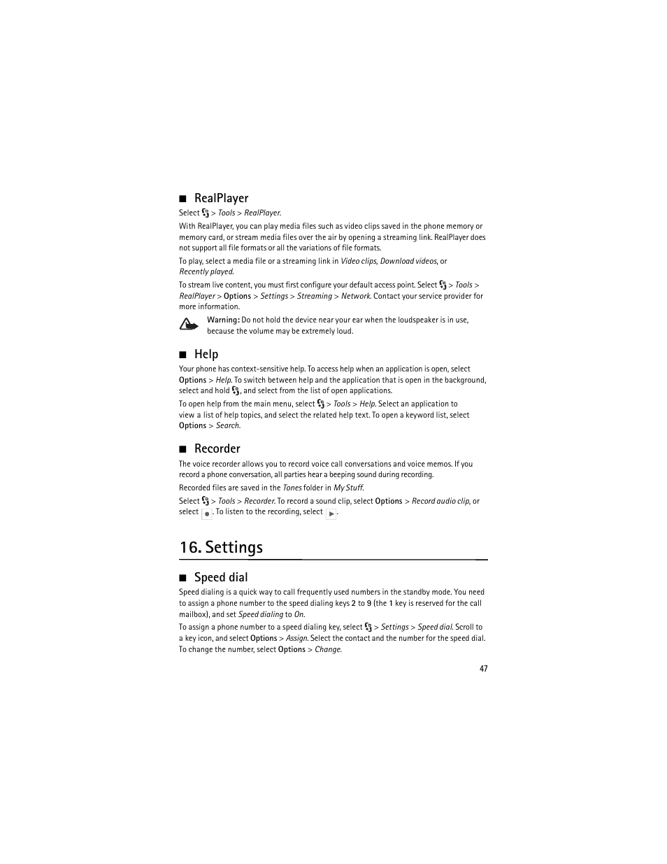 Realplayer, Help, Recorder | Settings, Speed dial, Realplayer help recorder | Nokia 6650 Fold User Manual | Page 48 / 65