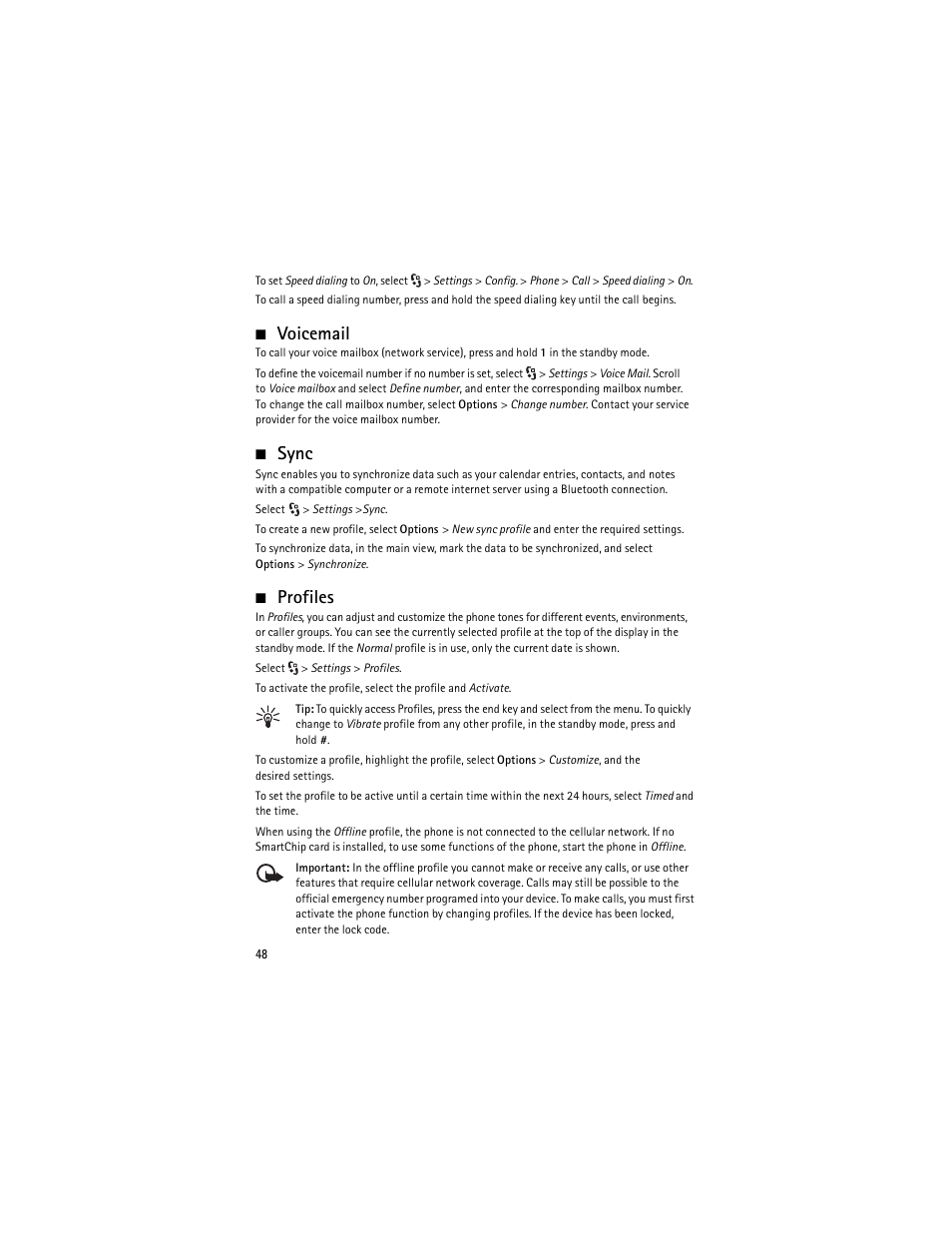 Voicemail, Sync, Profiles | Voicemail sync profiles | Nokia 6650 Fold User Manual | Page 49 / 65