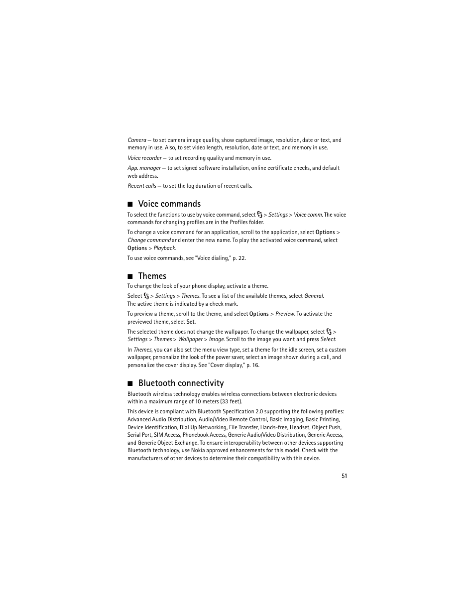 Voice commands, Themes, Bluetooth connectivity | Voice commands themes bluetooth connectivity | Nokia 6650 Fold User Manual | Page 52 / 65