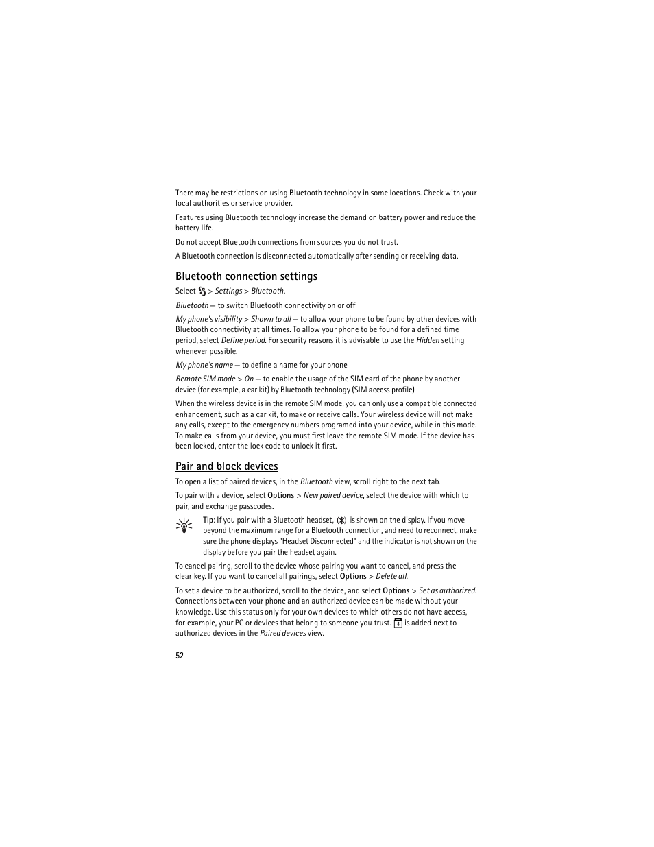 Bluetooth connection settings, Pair and block devices | Nokia 6650 Fold User Manual | Page 53 / 65