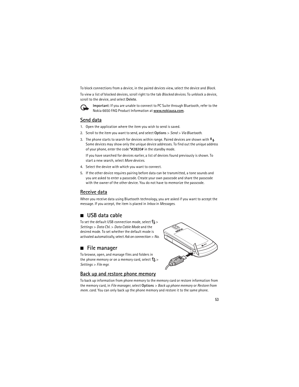 Usb data cable, File manager, Usb data cable file manager | Send data, Receive data | Nokia 6650 Fold User Manual | Page 54 / 65