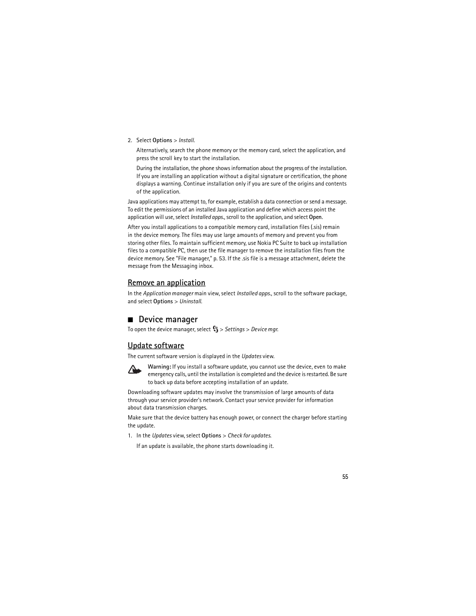 Device manager, Remove an application, Update software | Nokia 6650 Fold User Manual | Page 56 / 65