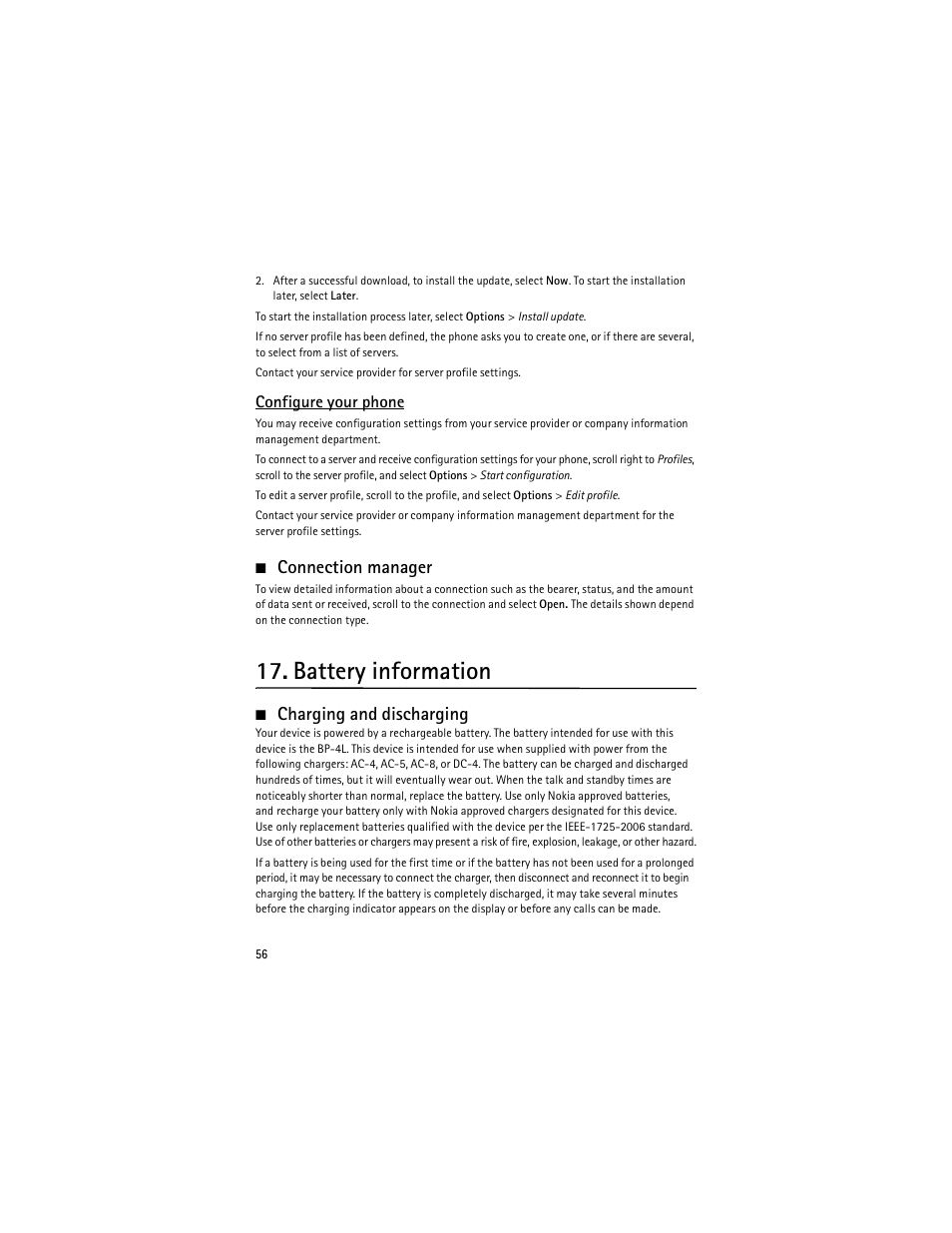 Connection manager, Battery information, Charging and discharging | Nokia 6650 Fold User Manual | Page 57 / 65