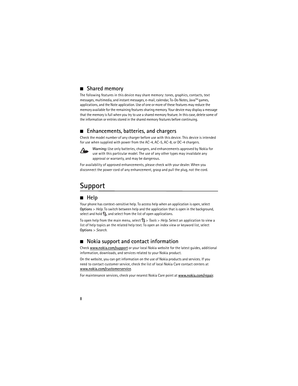Support, Help, Nokia support and contact information | Help nokia support and contact information, Enhancements, batteries, and chargers | Nokia 6650 Fold User Manual | Page 9 / 65