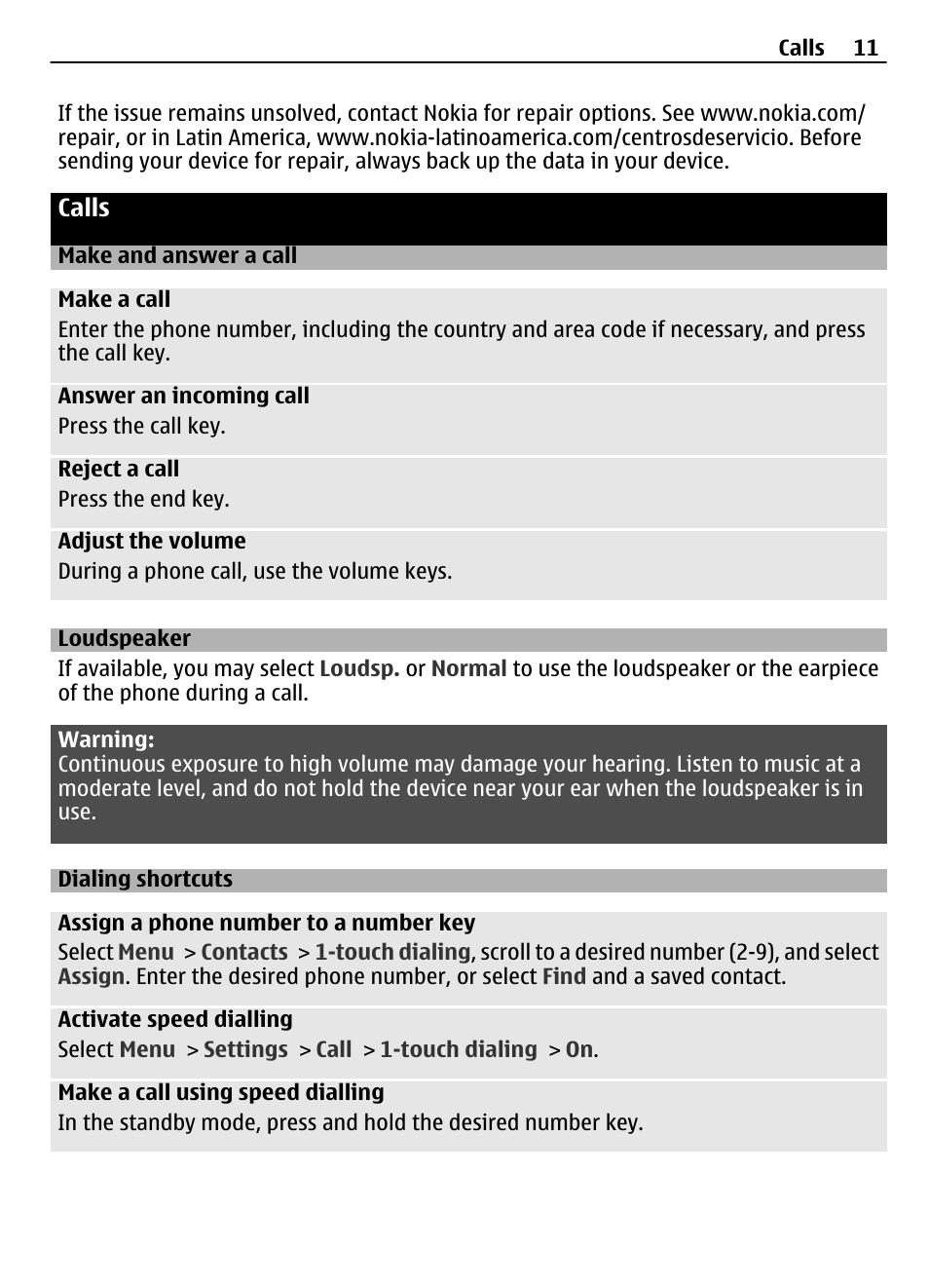 Calls, Make and answer a call, Loudspeaker | Dialing shortcuts | Nokia 2720 User Manual | Page 11 / 35