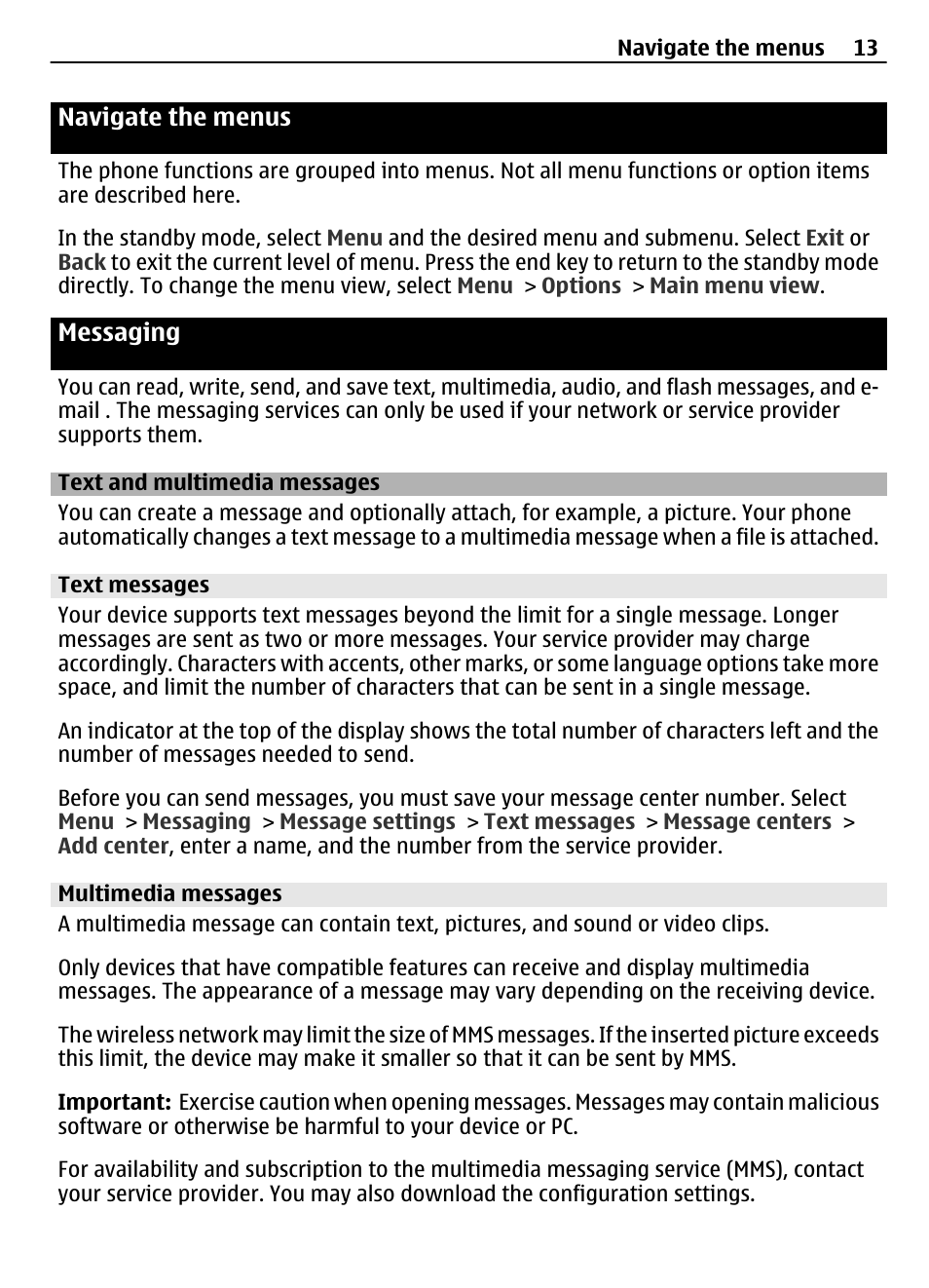 Navigate the menus, Messaging, Text and multimedia messages | Text messages, Multimedia messages | Nokia 2720 User Manual | Page 13 / 35