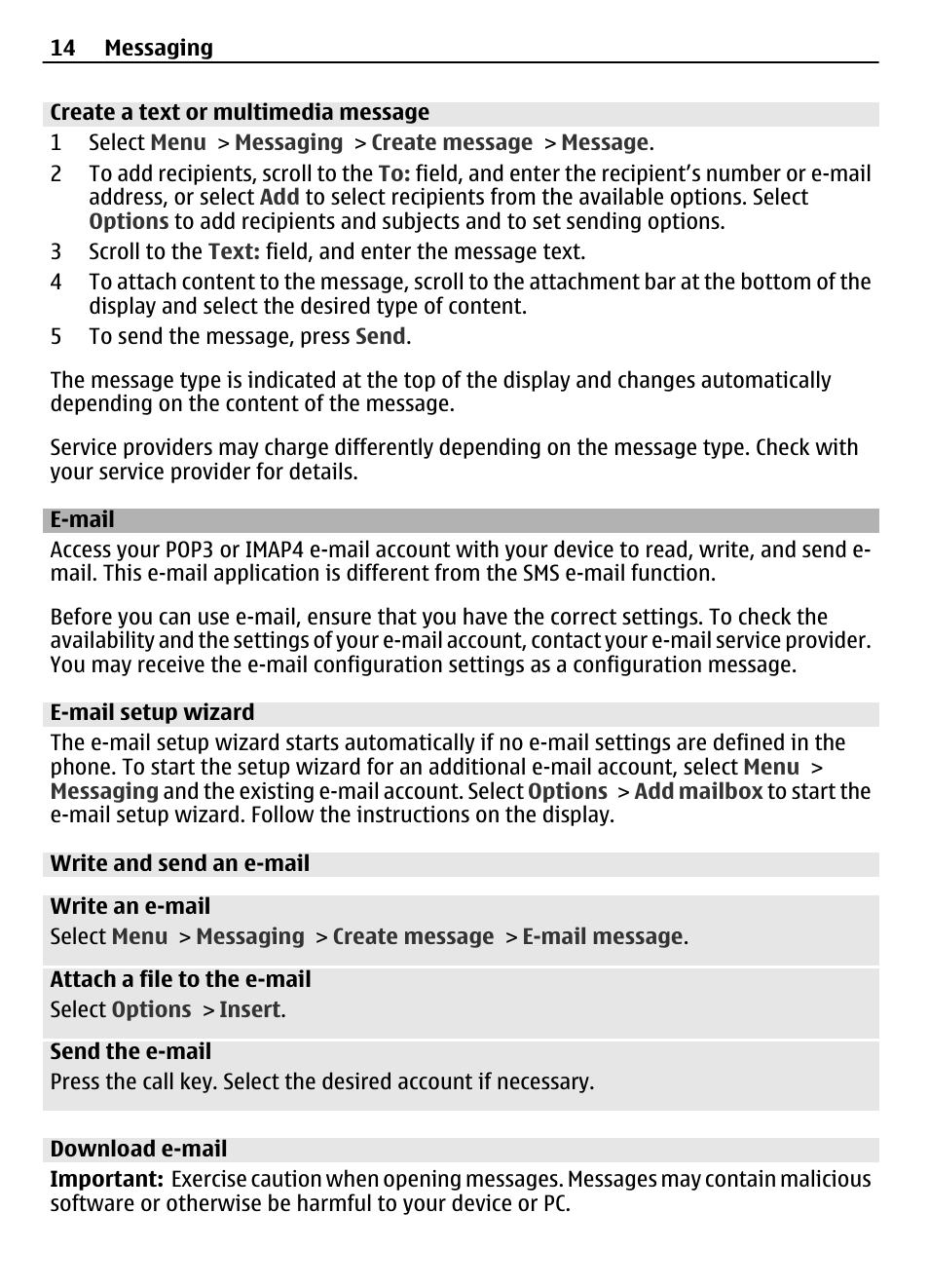 Create a text or multimedia message, E-mail, E-mail setup wizard | Write and send an e-mail, Download e-mail | Nokia 2720 User Manual | Page 14 / 35