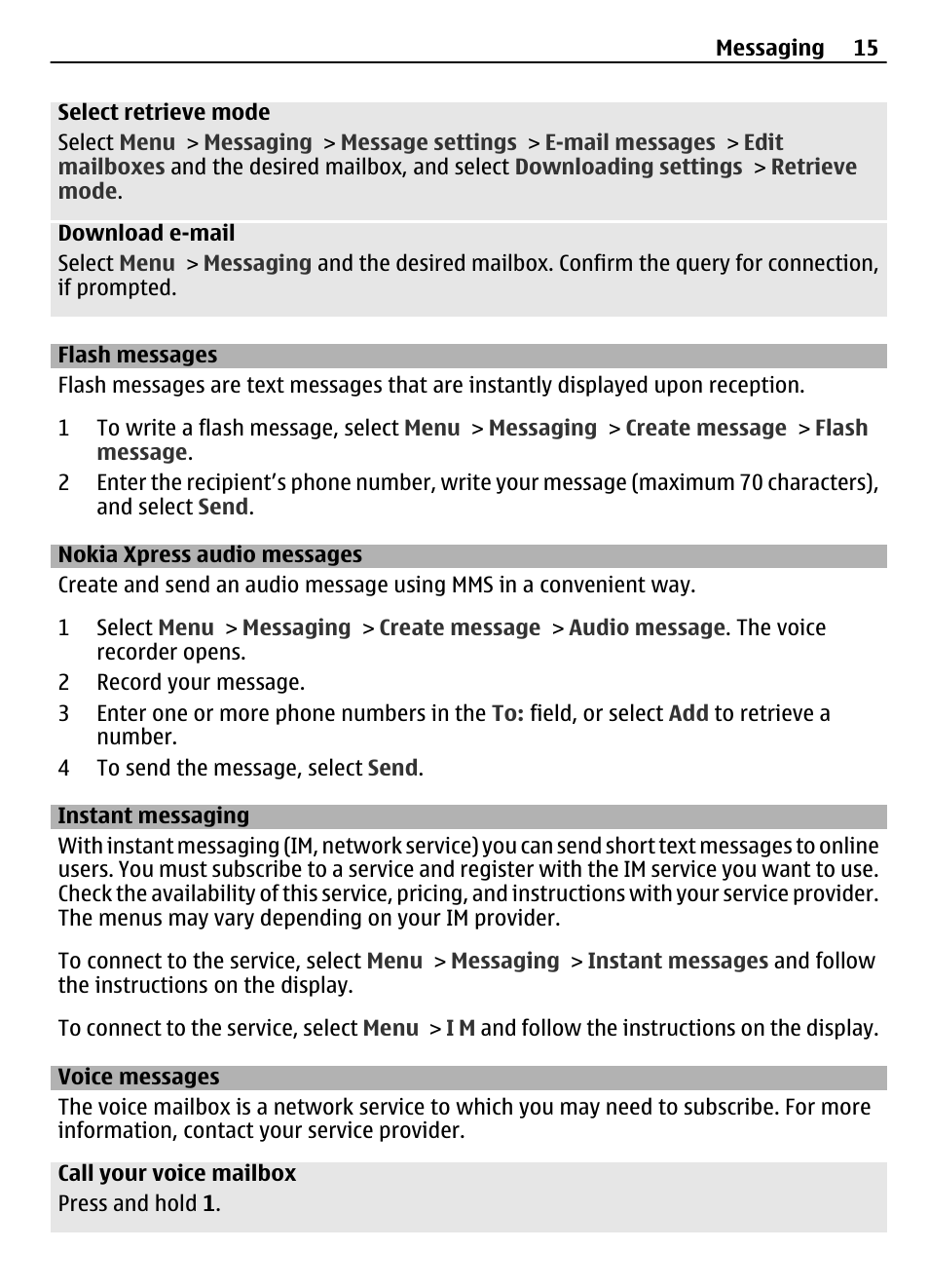 Flash messages, Nokia xpress audio messages, Instant messaging | Voice messages | Nokia 2720 User Manual | Page 15 / 35