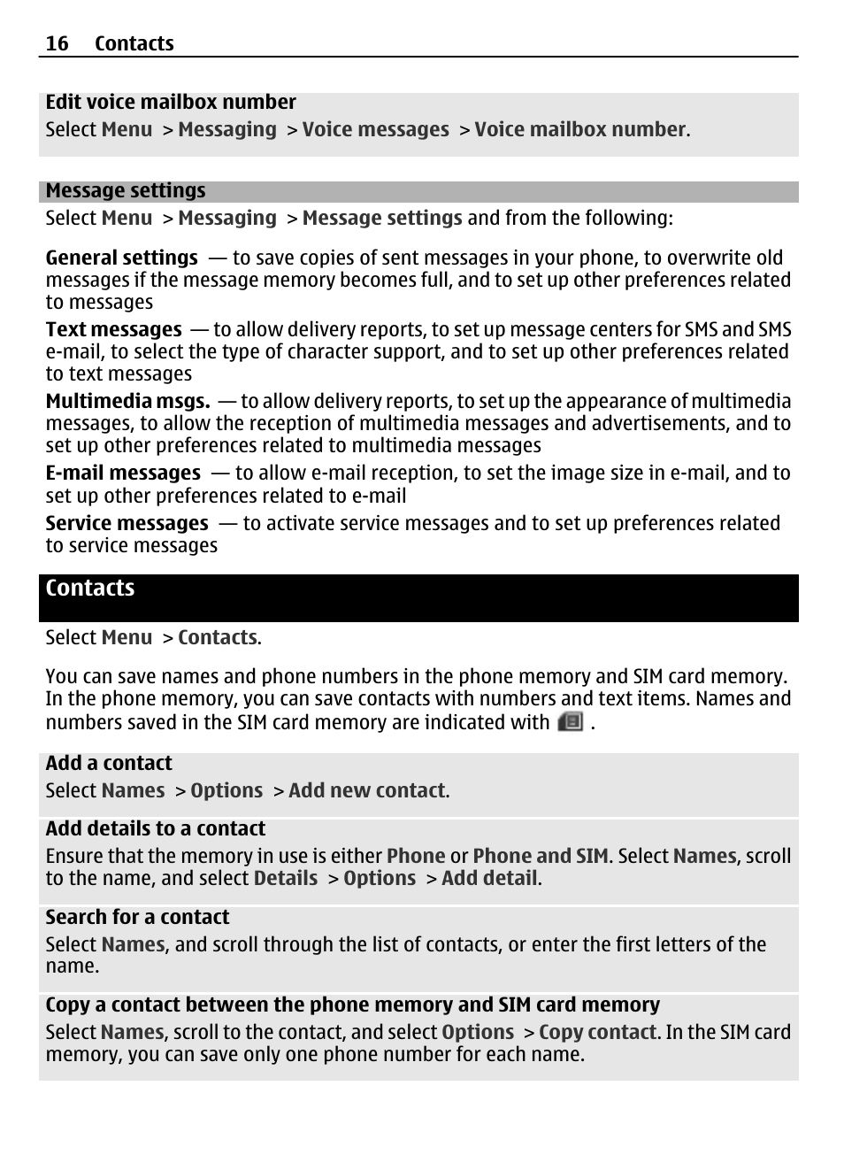 Message settings, Contacts | Nokia 2720 User Manual | Page 16 / 35