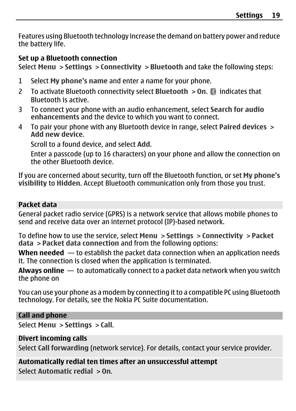 Packet data, Call and phone | Nokia 2720 User Manual | Page 19 / 35