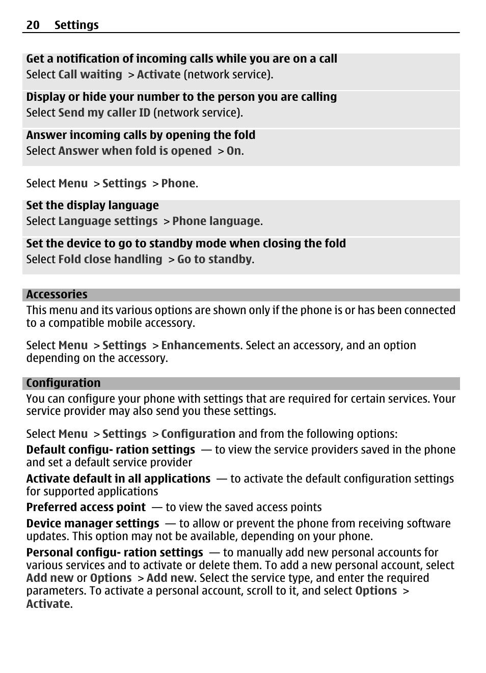 Accessories, Configuration | Nokia 2720 User Manual | Page 20 / 35