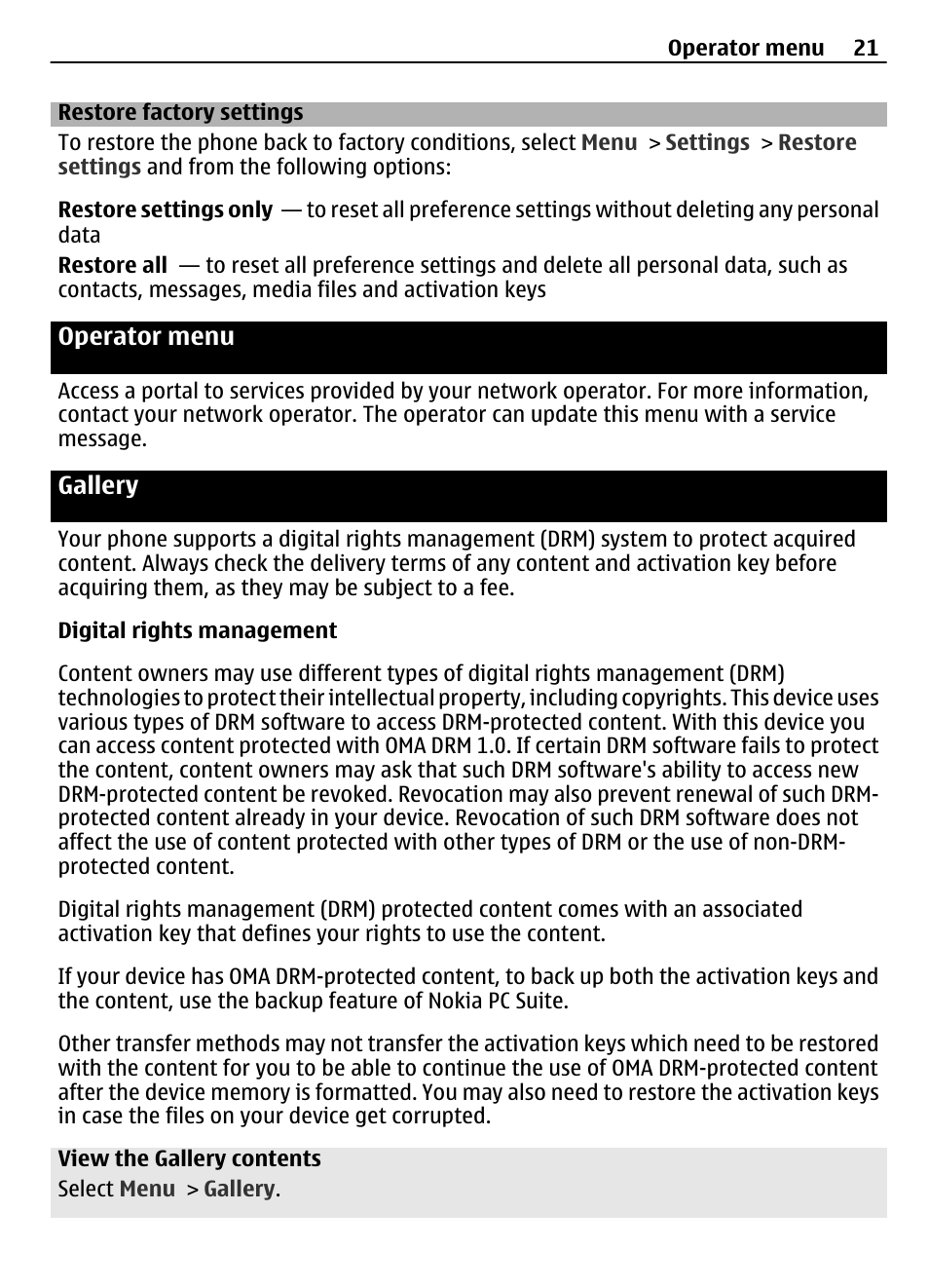 Restore factory settings, Operator menu, Gallery | Nokia 2720 User Manual | Page 21 / 35