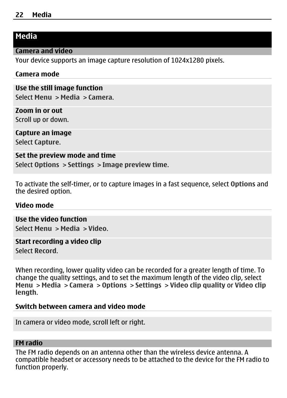 Media, Camera and video, Fm radio | Nokia 2720 User Manual | Page 22 / 35