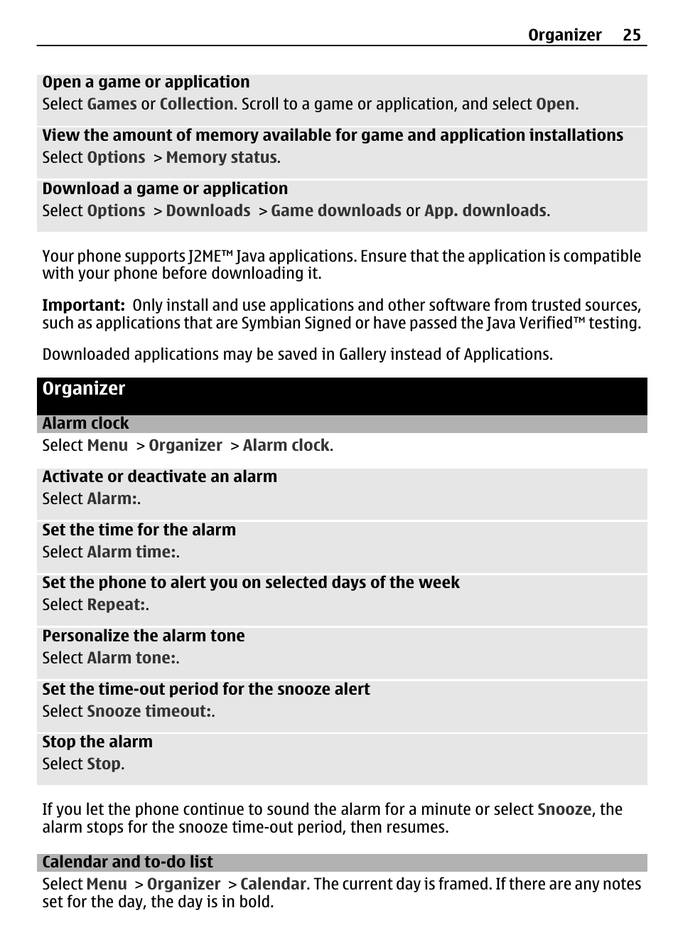 Organizer, Alarm clock, Calendar and to-do list | Nokia 2720 User Manual | Page 25 / 35