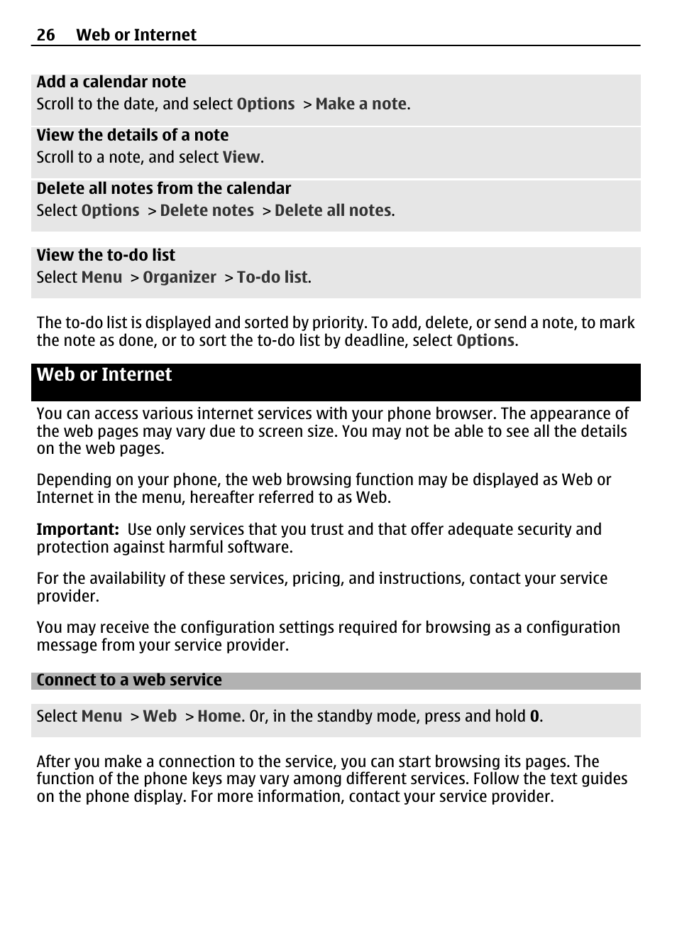 Web or internet, Connect to a web service | Nokia 2720 User Manual | Page 26 / 35