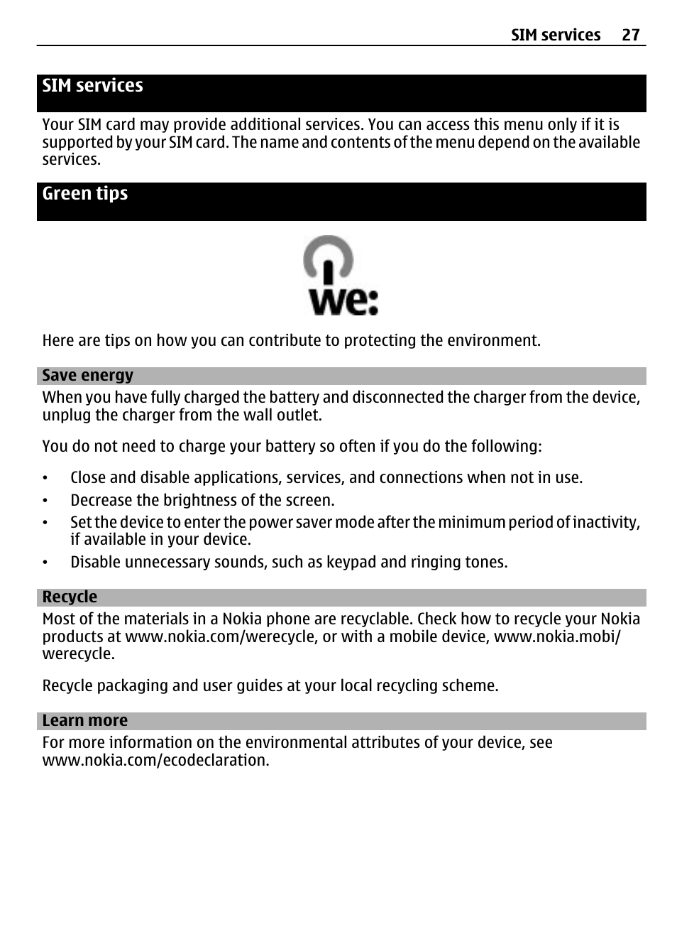 Sim services, Green tips, Save energy | Recycle, Learn more | Nokia 2720 User Manual | Page 27 / 35