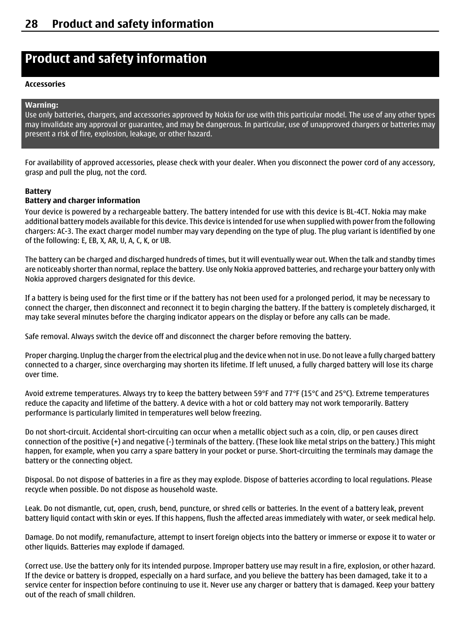 Product and safety information, Accessories, Battery | Battery and charger information, 28 product and safety information | Nokia 2720 User Manual | Page 28 / 35