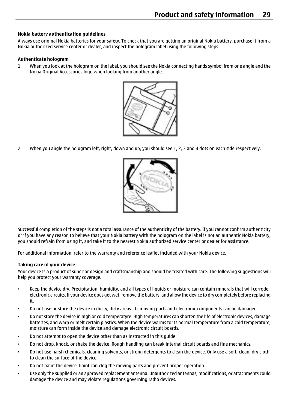 Nokia battery authentication guidelines, Authenticate hologram, Taking care of your device | Product and safety information 29 | Nokia 2720 User Manual | Page 29 / 35