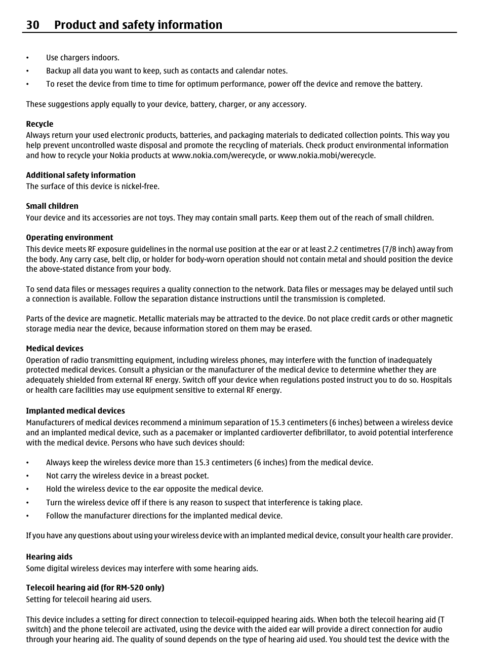 Recycle, Additional safety information, Small children | Operating environment, Medical devices, Implanted medical devices, Hearing aids, Telecoil hearing aid (for rm-520 only), 30 product and safety information | Nokia 2720 User Manual | Page 30 / 35