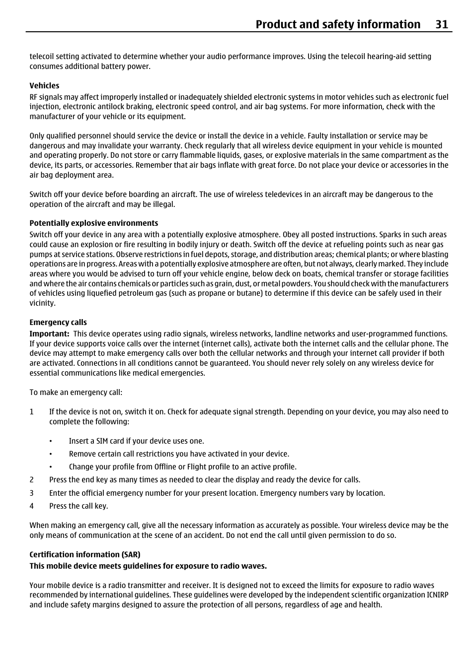Vehicles, Potentially explosive environments, Emergency calls | Certification information (sar), Product and safety information 31 | Nokia 2720 User Manual | Page 31 / 35