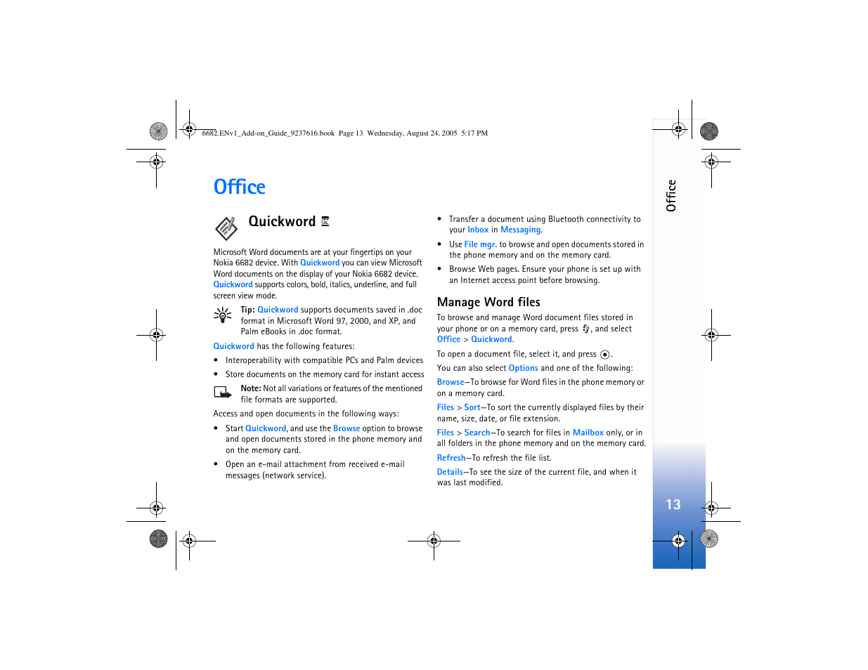 Office, Quickword, Manage word files | Offic e | Nokia 6682 User Manual | Page 15 / 34