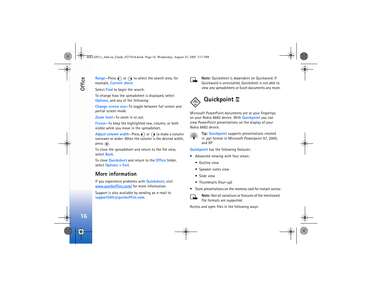 More information, Quickpoint, Offic e | Nokia 6682 User Manual | Page 18 / 34