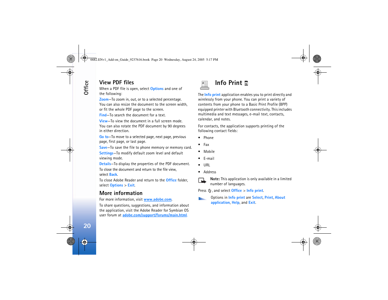 View pdf files, More information, Graphic | Info print, Offic e | Nokia 6682 User Manual | Page 22 / 34