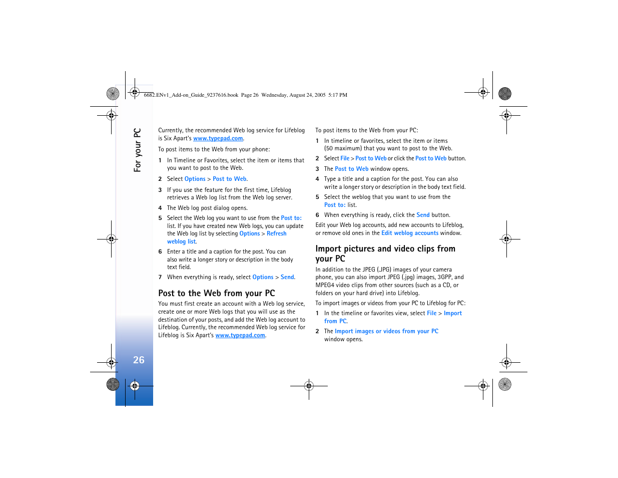 Post to the web from your pc, Import pictures and video clips from your pc | Nokia 6682 User Manual | Page 28 / 34