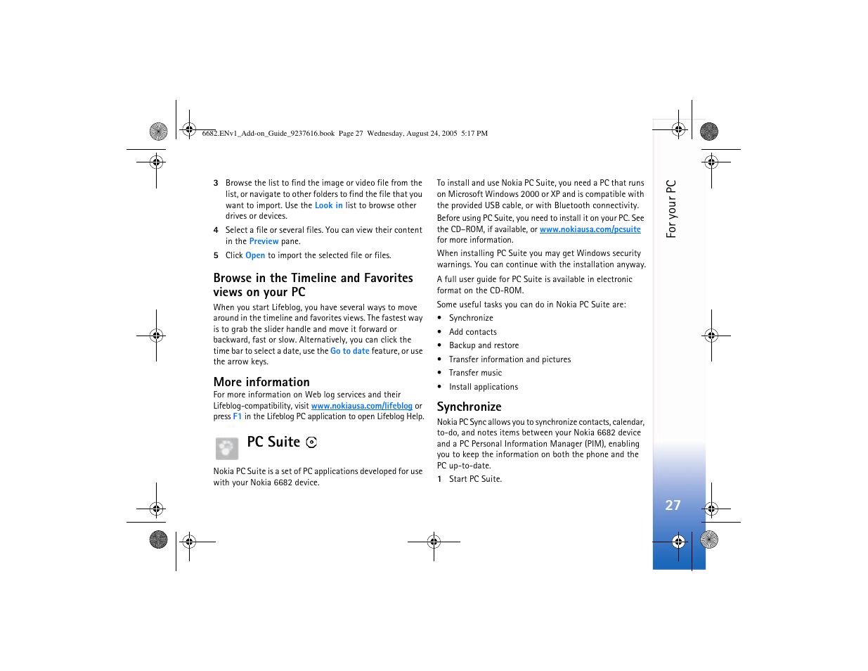 More information, Pc suite, Synchronize | Nokia 6682 User Manual | Page 29 / 34