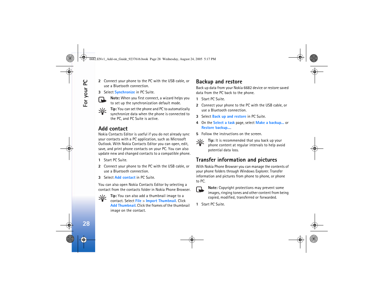 Add contact, Backup and restore, Transfer information and pictures | Nokia 6682 User Manual | Page 30 / 34