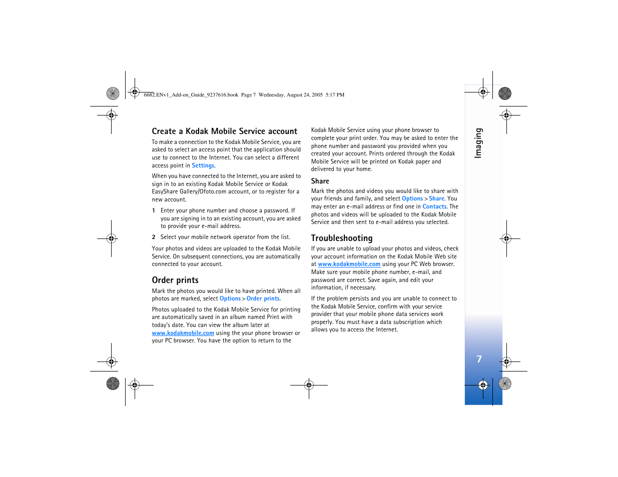 Create a kodak mobile service account, Order prints, Troubleshooting | Imaging | Nokia 6682 User Manual | Page 9 / 34