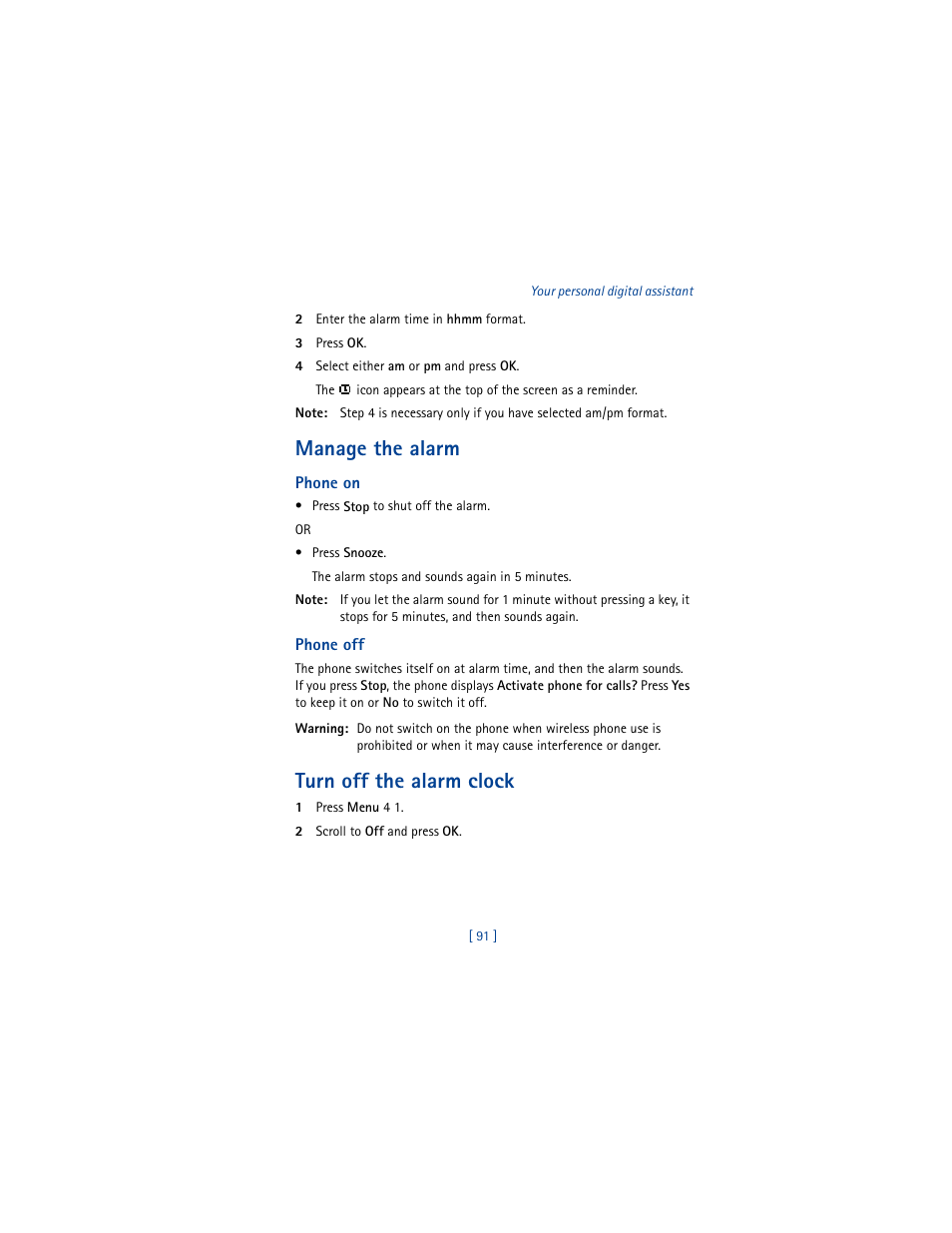 Manage the alarm, Turn off the alarm clock | Nokia 8290 User Manual | Page 100 / 141