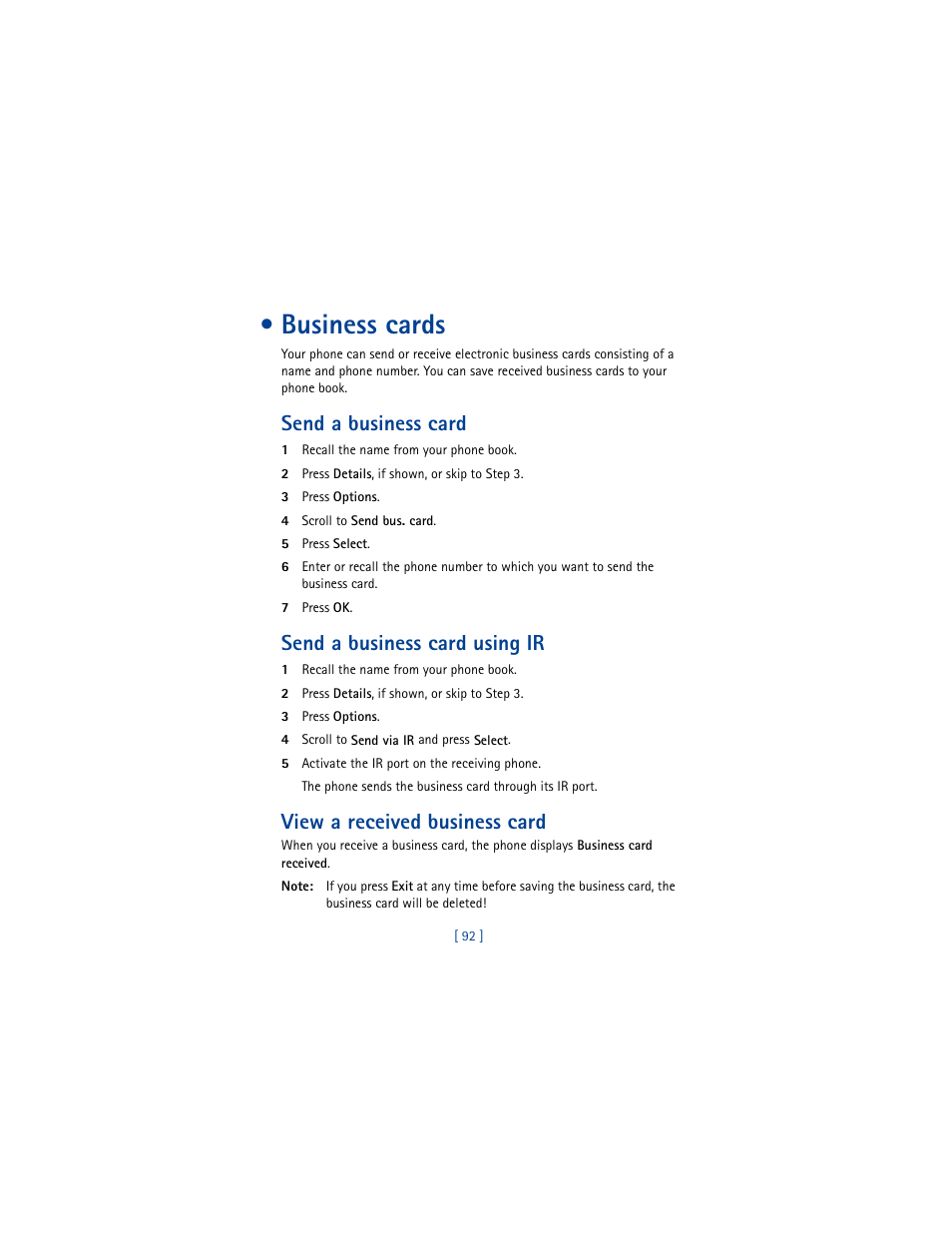 Business cards, Send a business card, Send a business card using ir | View a received business card | Nokia 8290 User Manual | Page 101 / 141