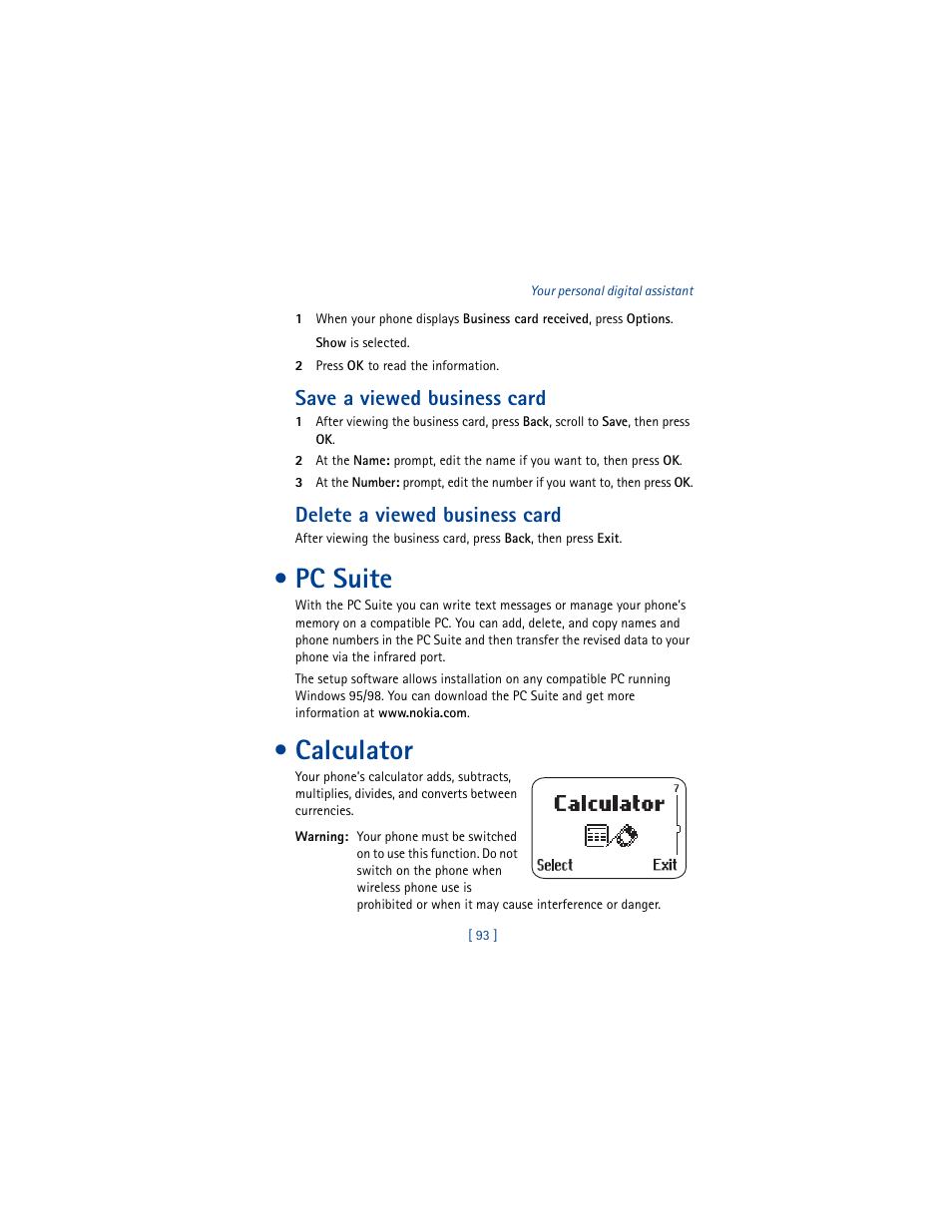 Save a viewed business card, Delete a viewed business card, Pc suite | Calculator | Nokia 8290 User Manual | Page 102 / 141