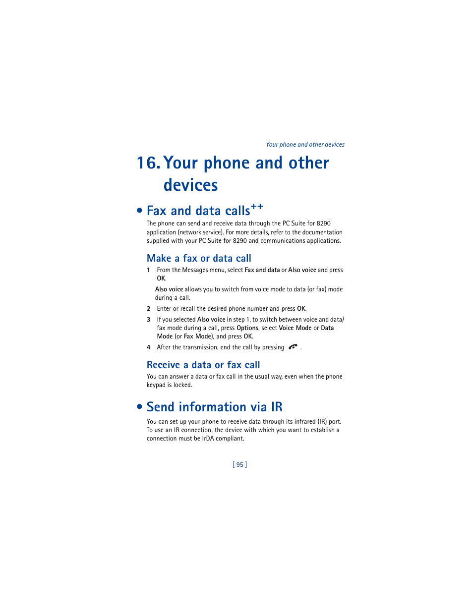 Your phone and other devices, Fax and data calls, Make a fax or data call | Receive a data or fax call, Send information via ir | Nokia 8290 User Manual | Page 104 / 141