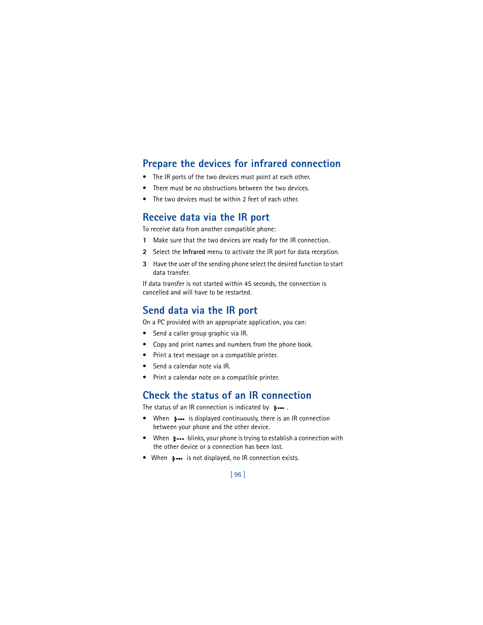 Prepare the devices for infrared connection, Receive data via the ir port, Send data via the ir port | Check the status of an ir connection | Nokia 8290 User Manual | Page 105 / 141