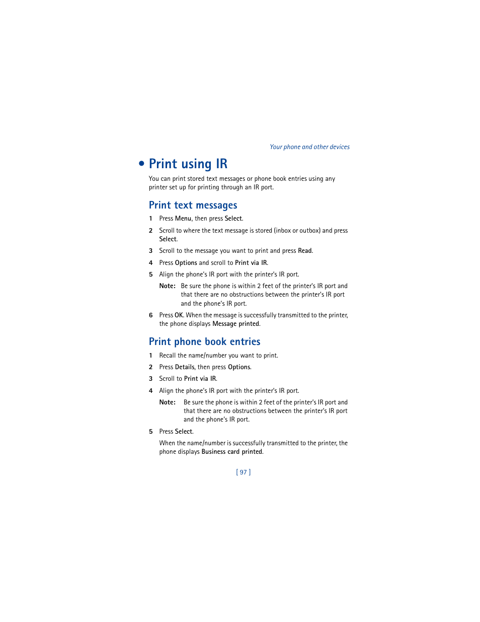 Print using ir, Print text messages, Print phone book entries | Nokia 8290 User Manual | Page 106 / 141