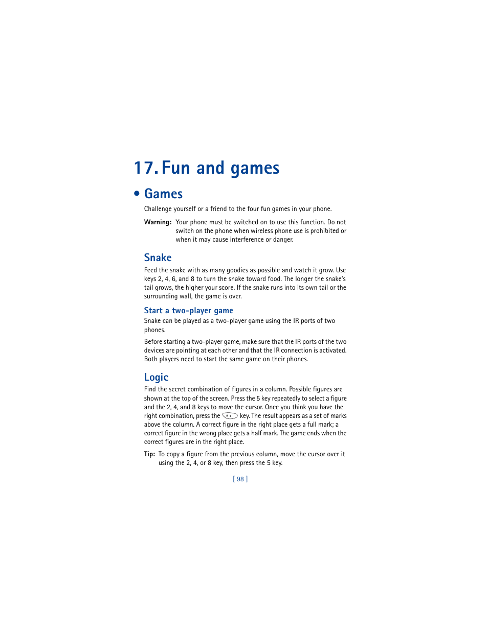 Fun and games, Games, Snake | Logic | Nokia 8290 User Manual | Page 107 / 141